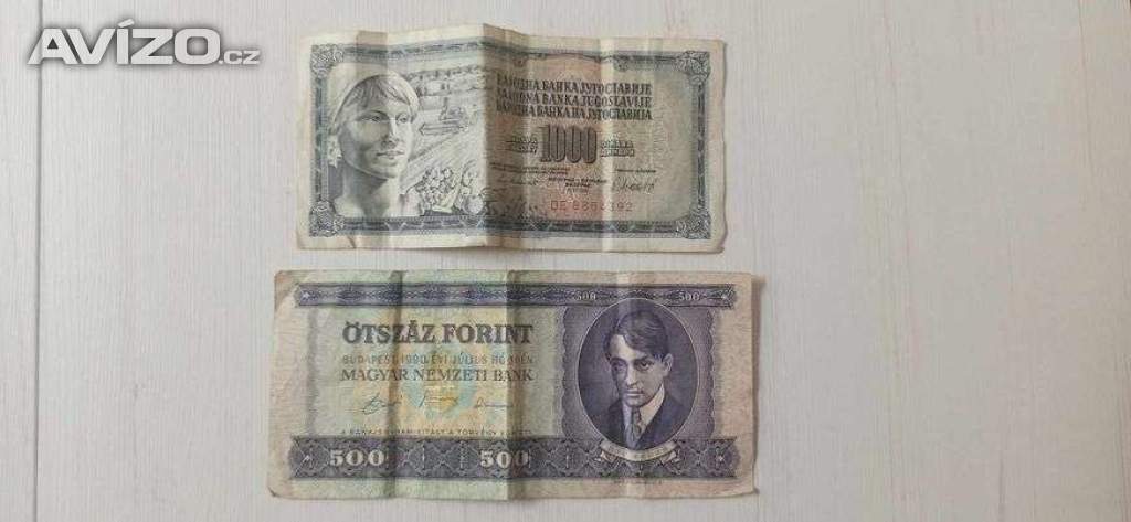 Bankovky: 500 Forint 1990 + 1000 Dinara 1981