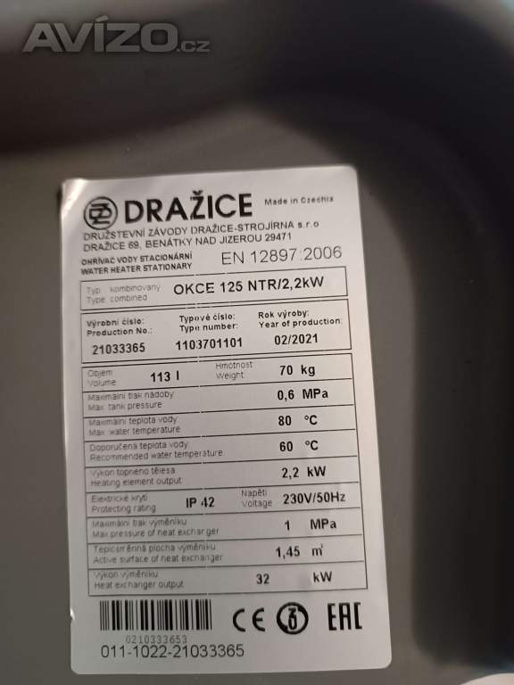 Dražice , kombinovaný bojler OKCE 125NTR/2,2kw