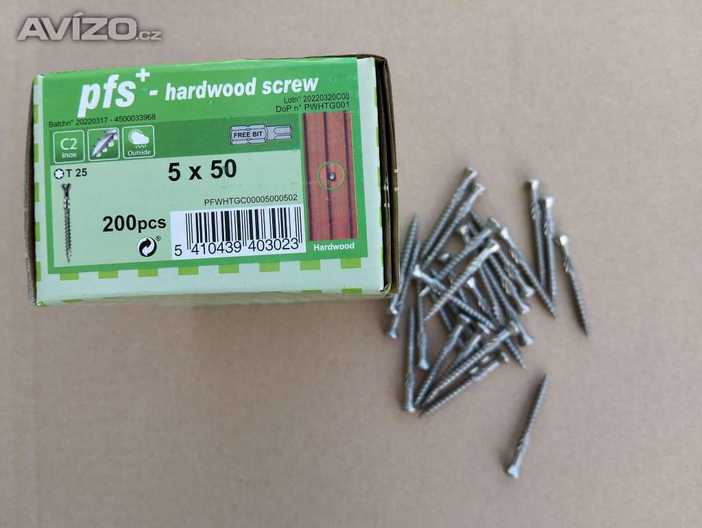 Terasové nerezové vruty 5x50 TORX (200ks +bit)