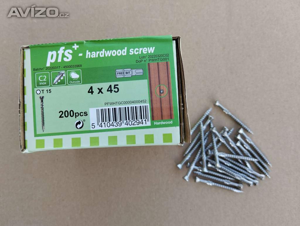 Terasové C2 nerezové vruty torx 4x45 - 200KS + BIT