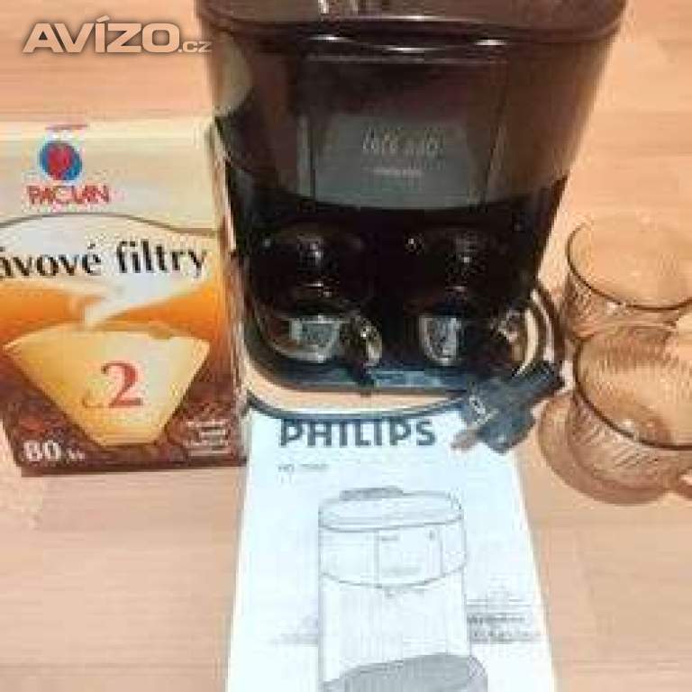 Kávovar / překapávač Philips + krabici filtrů + 4 hrníčky.