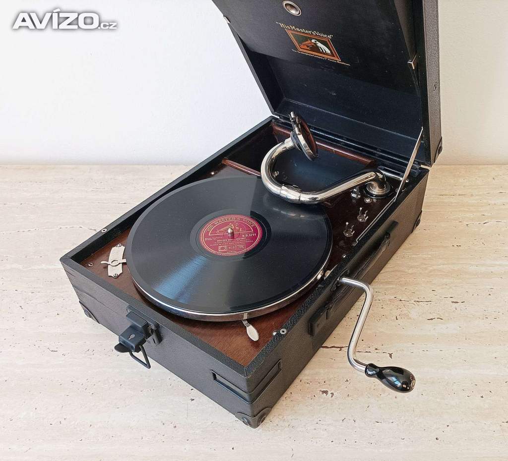 Krásný bytový  doplněk - His Master’s Voice, starožitný gramofon z 20. let, plně funkční